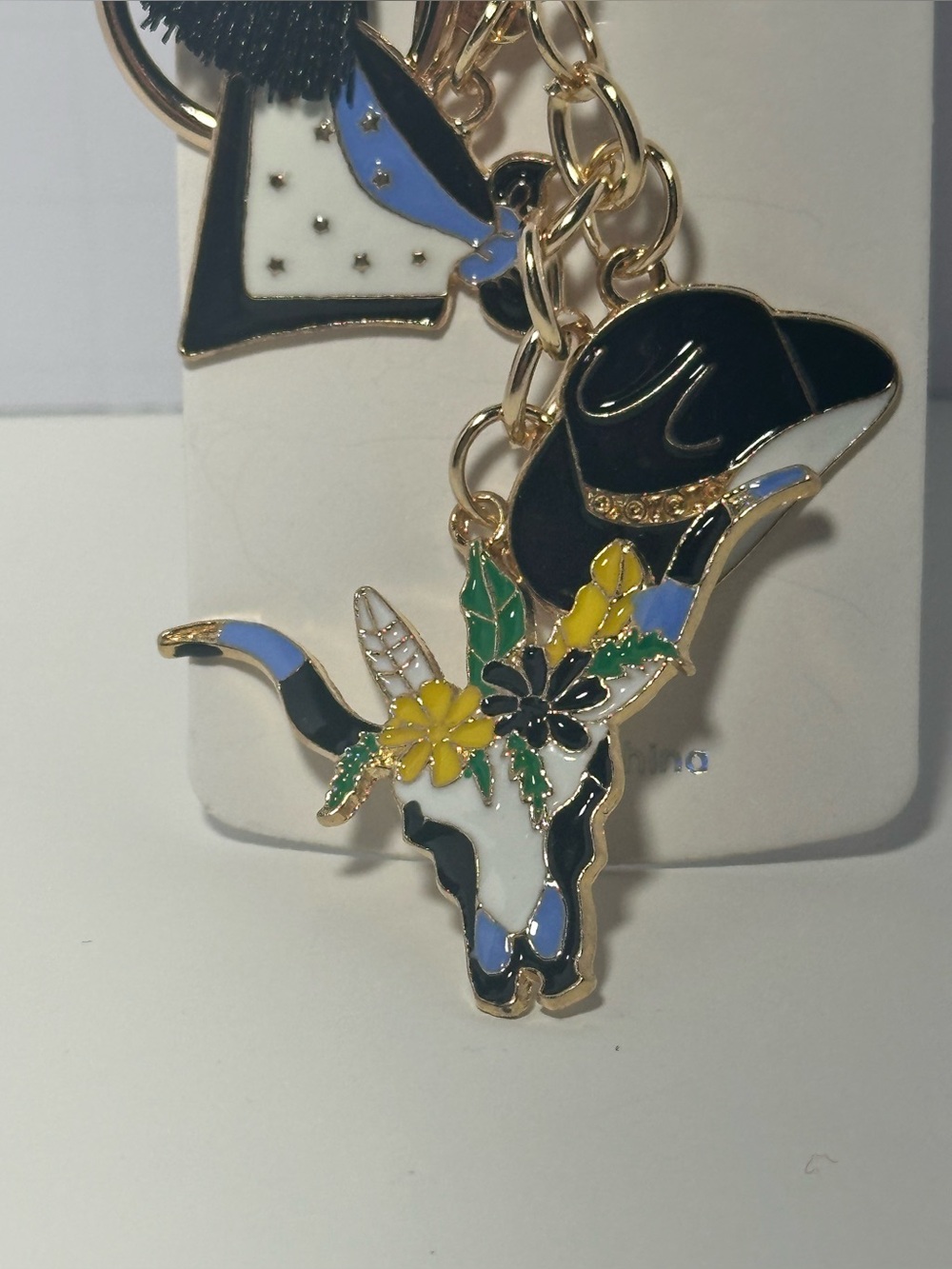 Cow Skull & Cowboy Hat Enamel Keychain - Black, White, Blue, Yellow